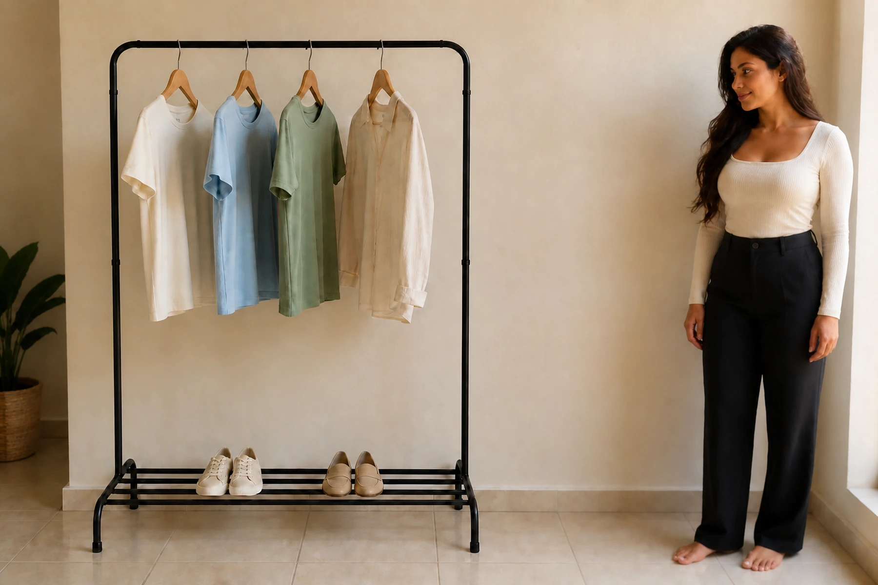 Maya com organizador de roupas portátil com sapateira em um ambiente residencial.