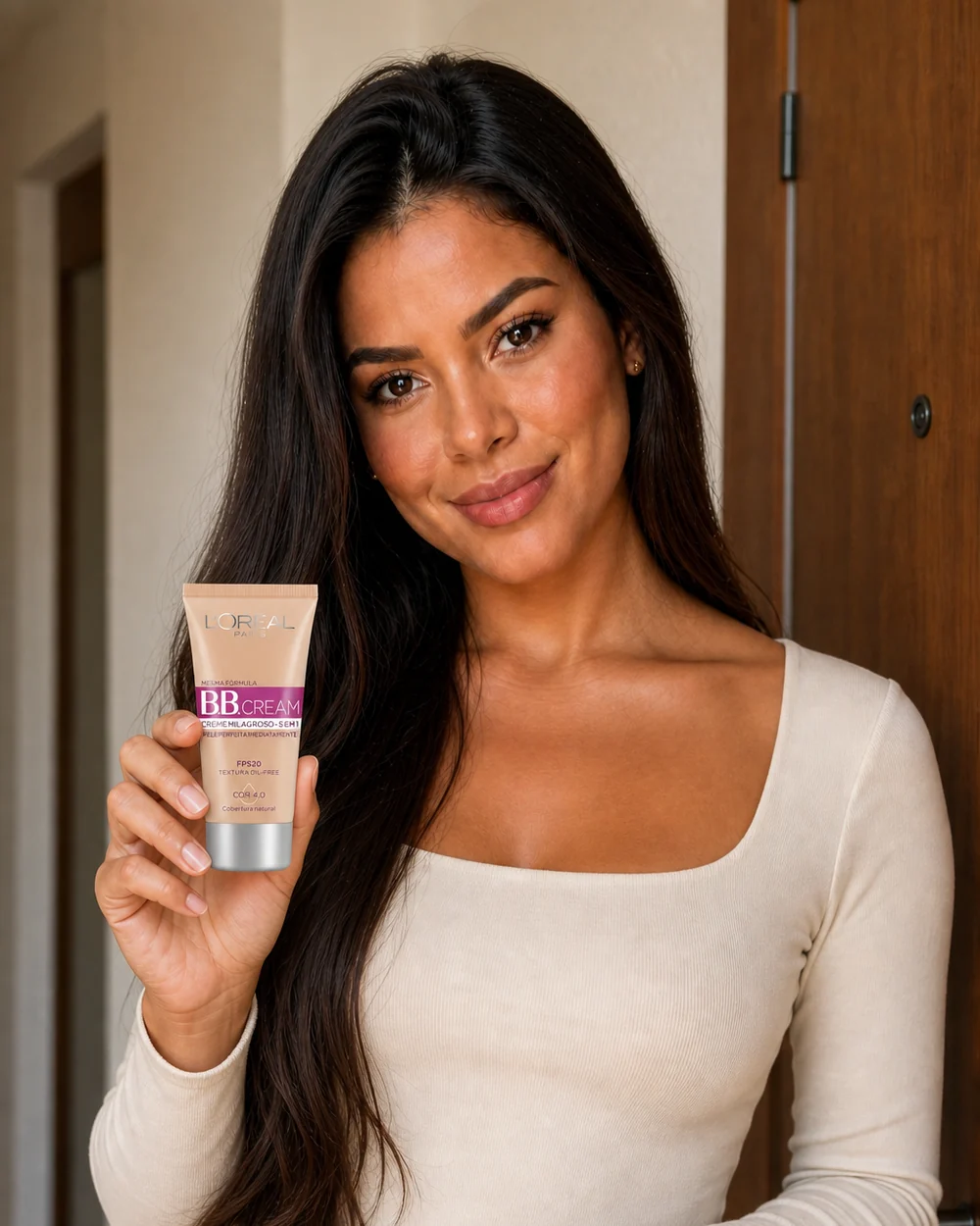 Maya com bb cream l'oréal paris 5 em 1 fps 20, cor 4.0 em um ambiente residencial.