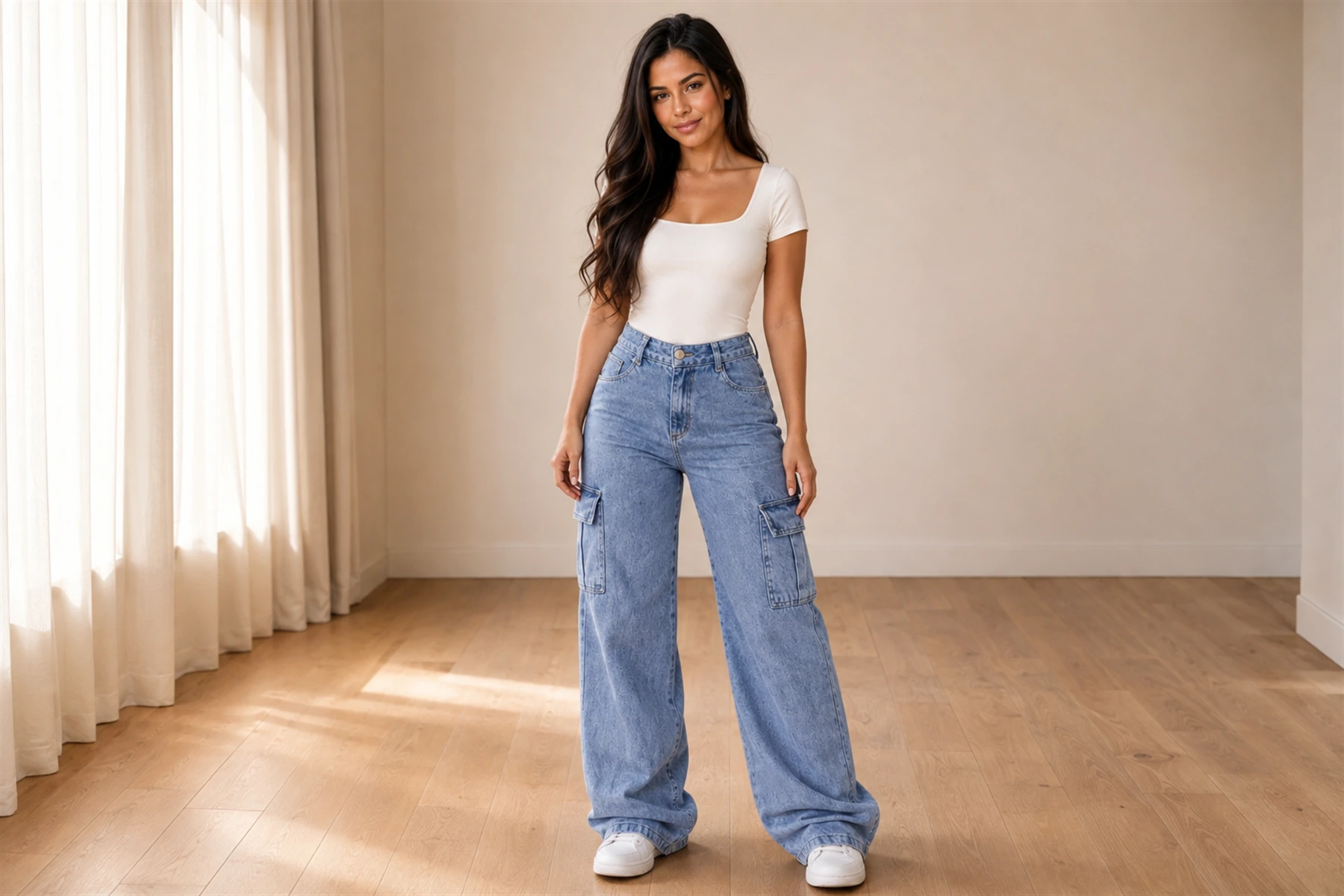 Maya com calça cargo feminina wide leg cintura alta stillger em um ambiente residencial.