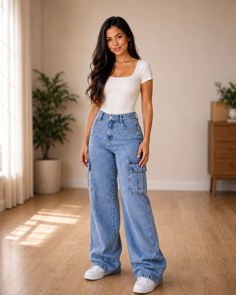 Maya com calça cargo feminina wide leg cintura alta stillger em um ambiente residencial.