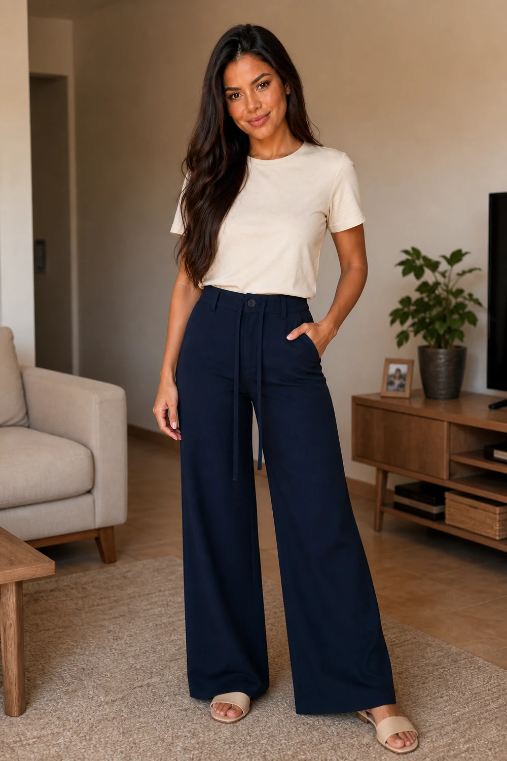 Maya com chinelo, dentro de casa, com calça feminina de cintura média e pernas largas.
