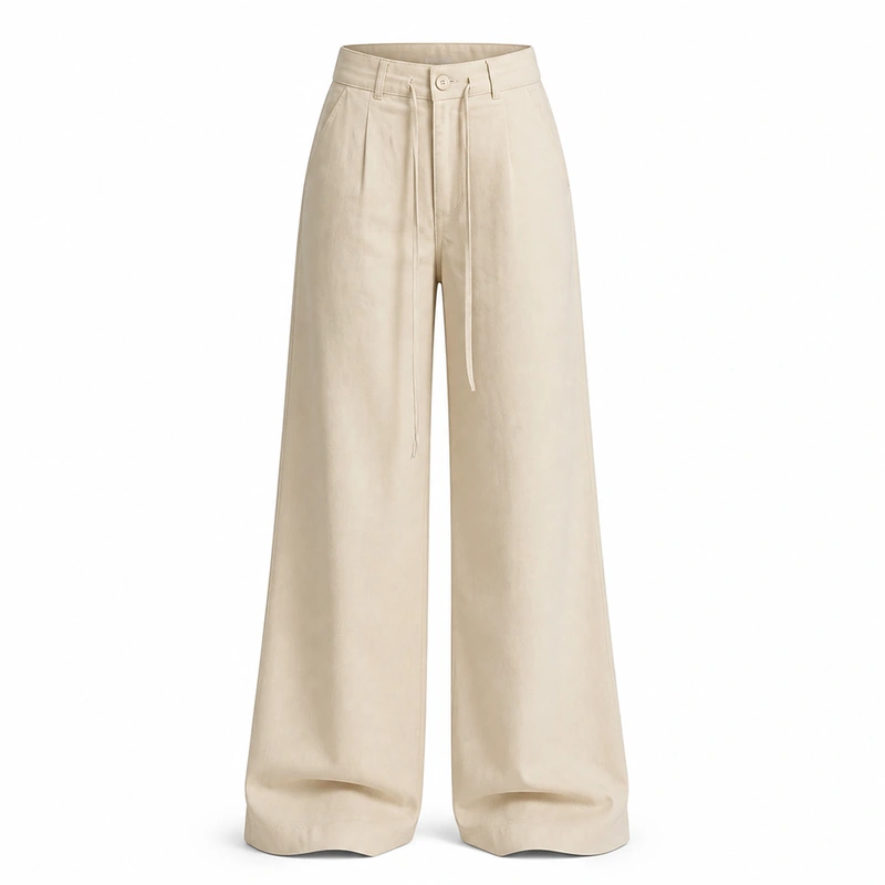 Calça feminina de cintura média e pernas largas, foto do produto.
