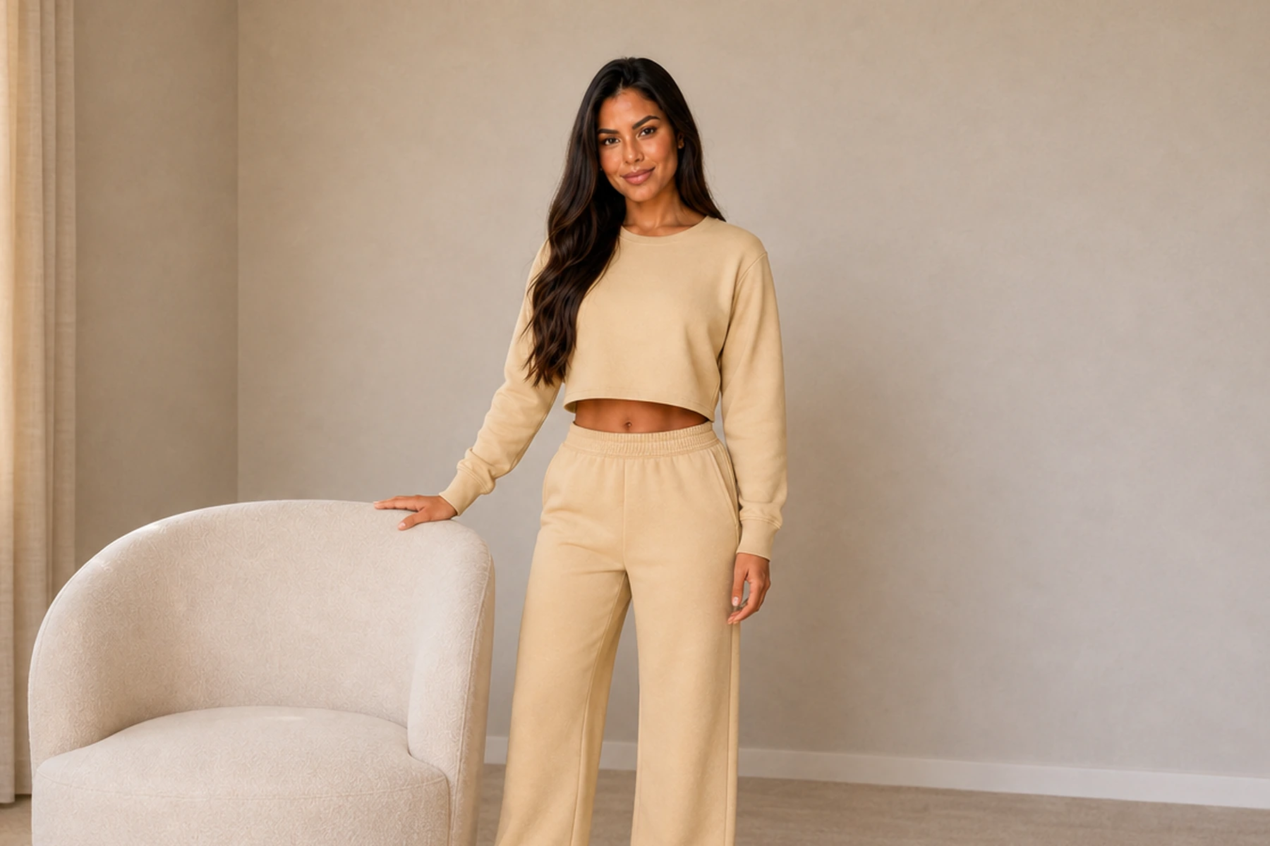 Maya com conjunto de moletom feminino cropped e calça em um ambiente residencial.