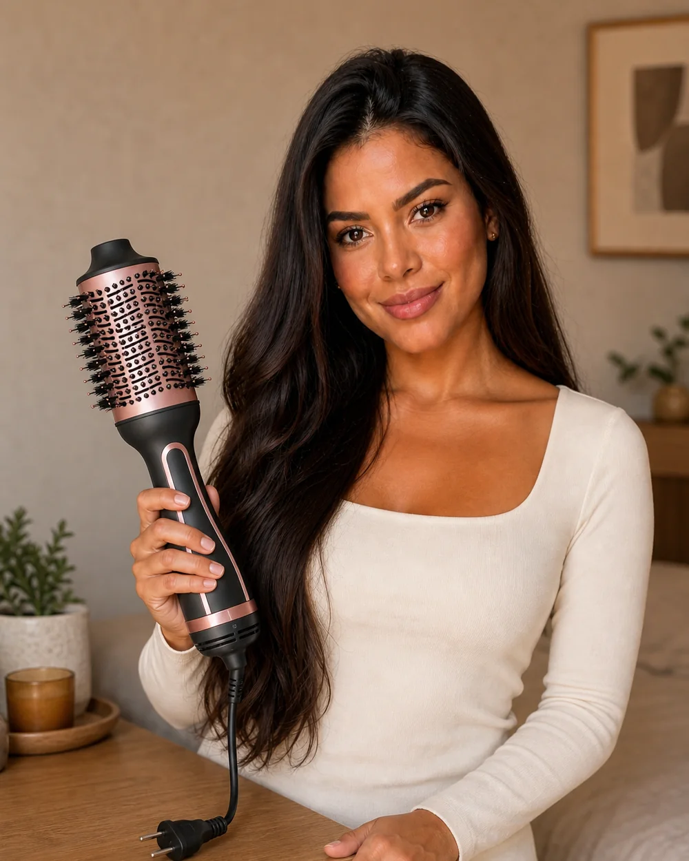 Maya com escova secadora mondial keratin es-11 em um ambiente residencial.