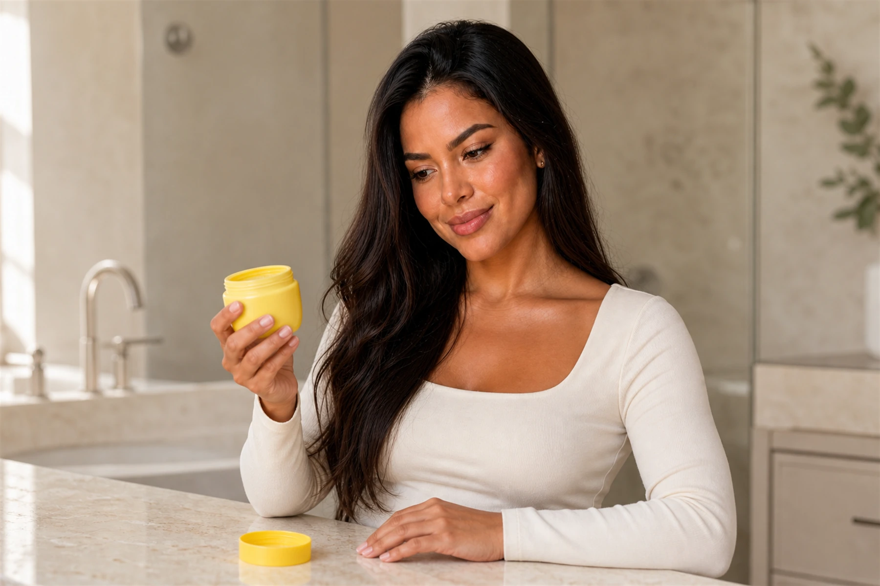 Maya com hidratante garnier toque seco vitamina c, 85 ml em um ambiente residencial.