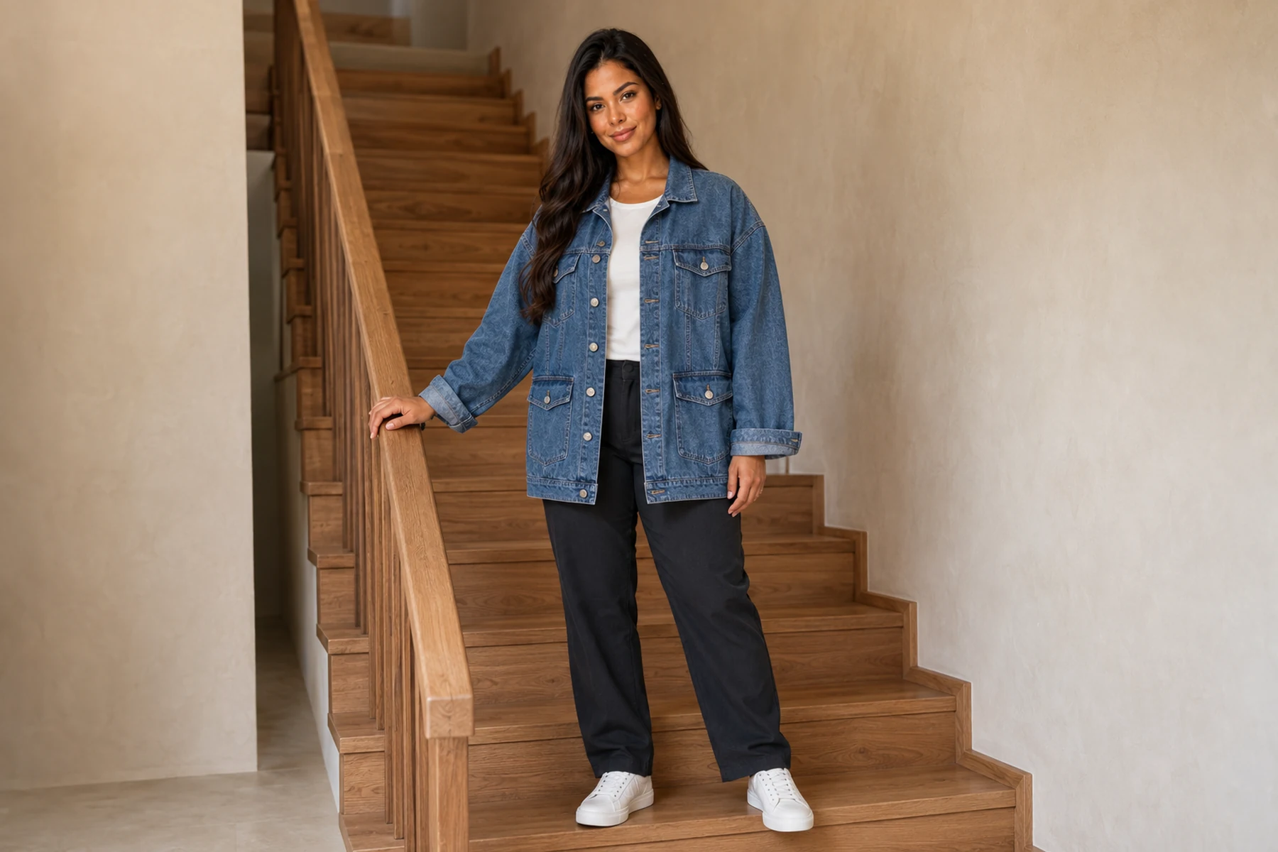 Maya com jaqueta jeans feminina plus size oversized em um ambiente residencial.