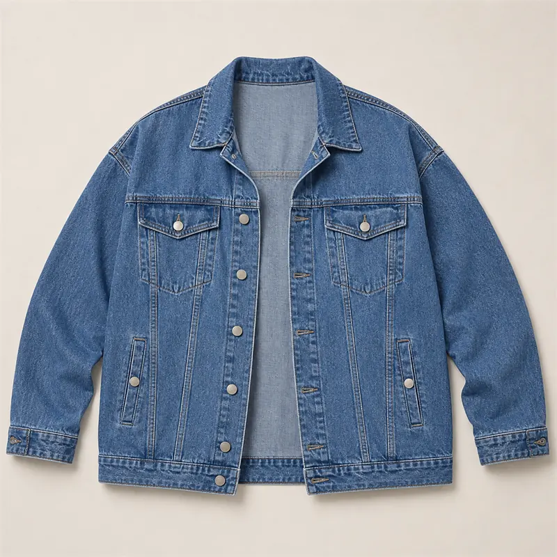 A jaqueta jeans aberta e estendida, com os quatro bolsos externos à vista.