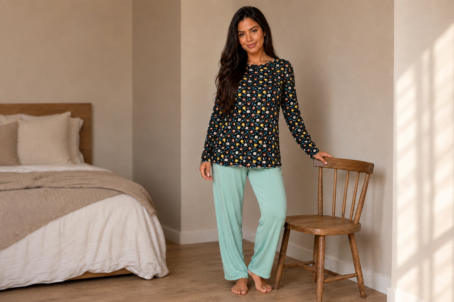 Maya vestindo um conjunto de pijama longo, blusa e calça, no canto de um quarto.