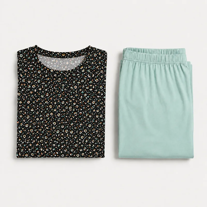 Uma blusa e uma calça de pijama longo dobradas lado a lado. A foto mostra um conjunto só, não o kit.