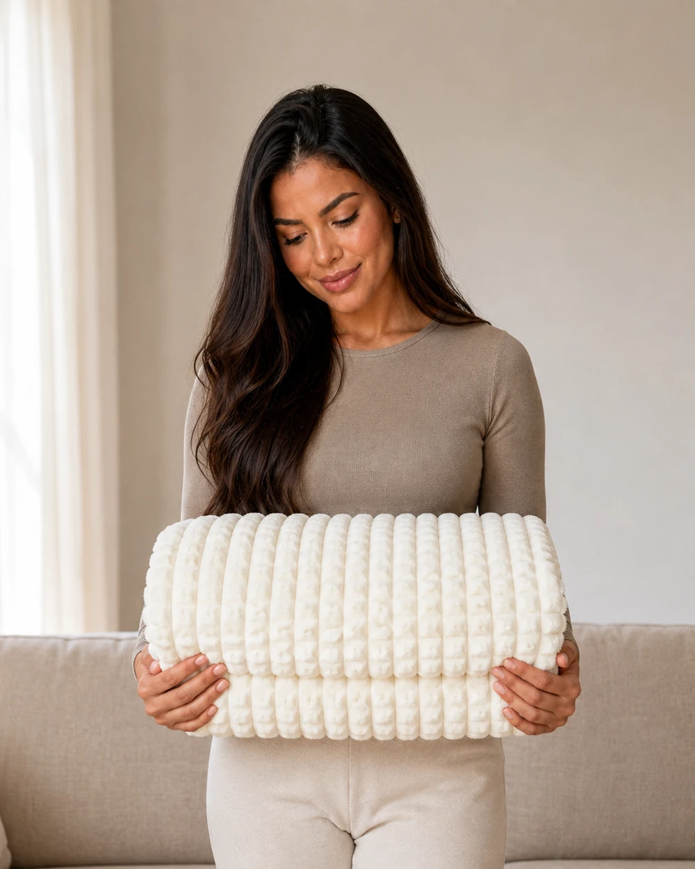 Maya com manta cobertor willow ultrasoft queen em um ambiente residencial.