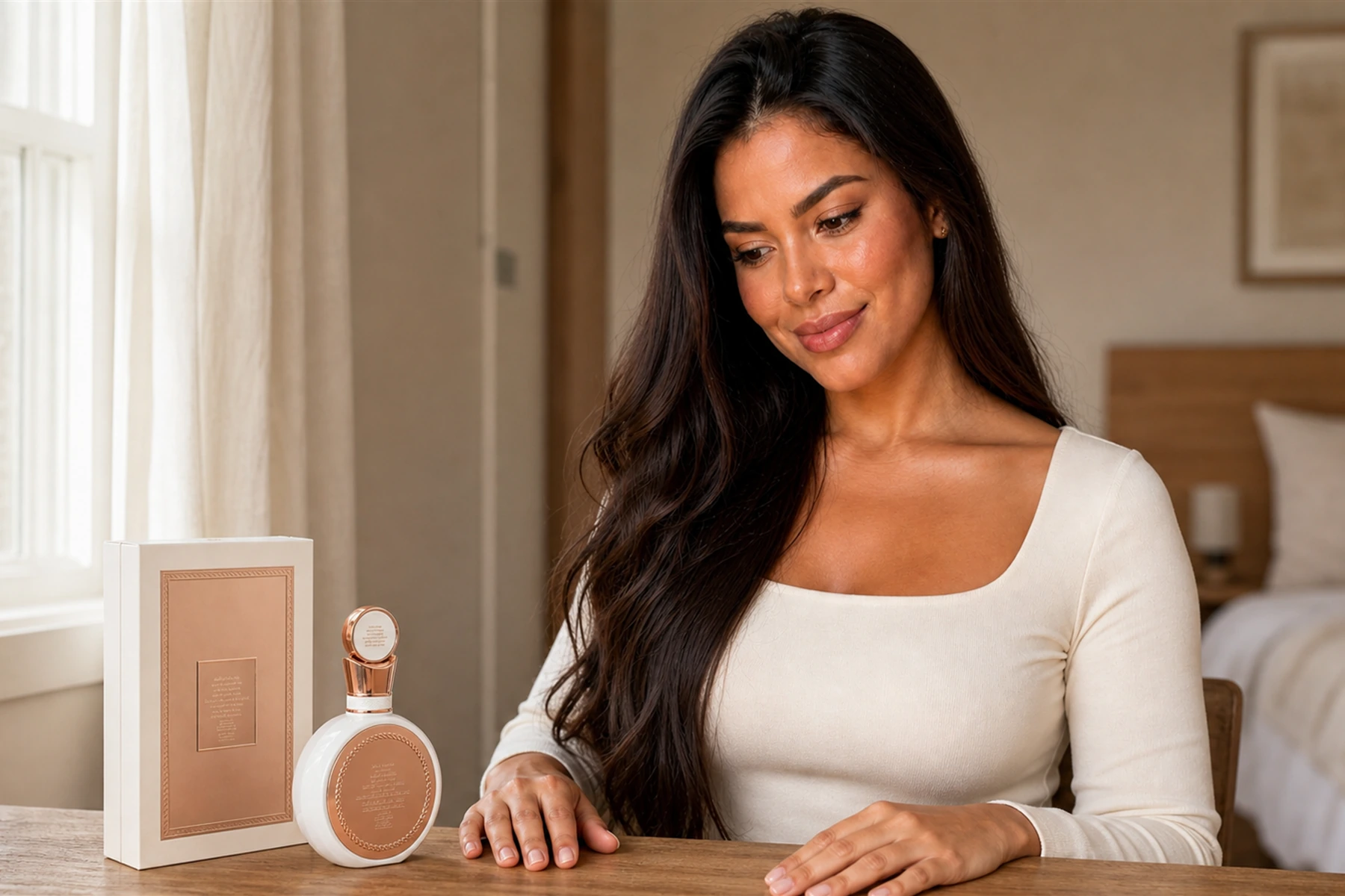 Maya com perfume fakhar rose lattafa, 100 ml em um ambiente residencial.