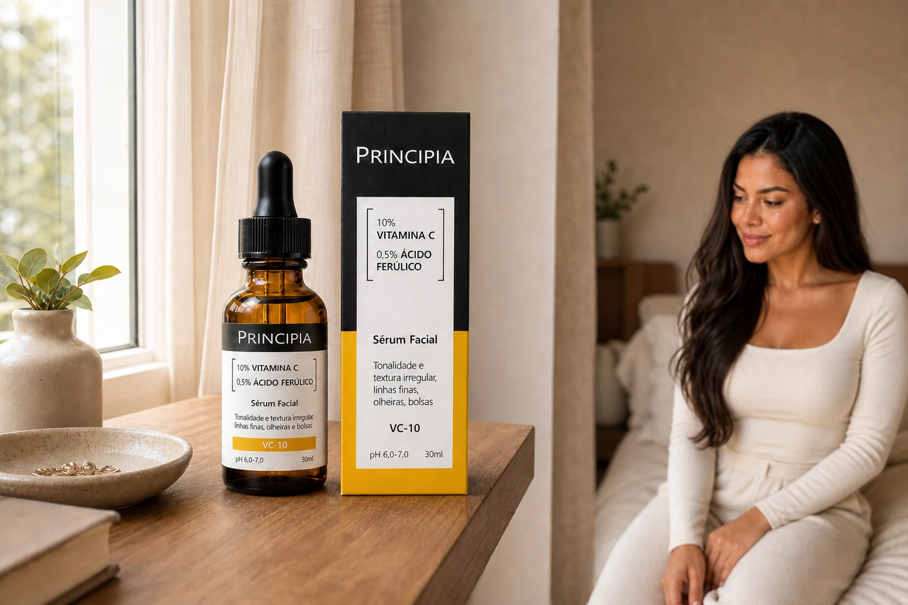 Maya com sérum principia vitamina c 10% em um ambiente residencial.