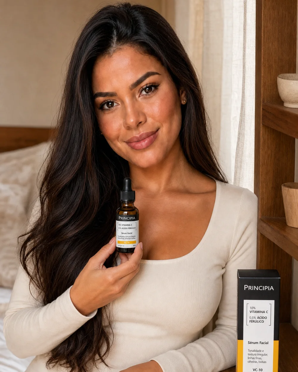 Maya com sérum principia vitamina c 10% em um ambiente residencial.