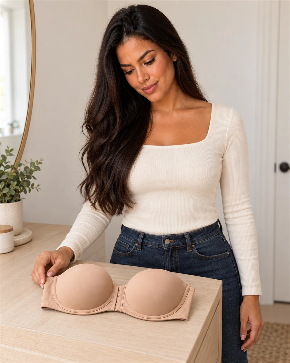 Maya, vestida com blusa creme e calça jeans, em pé na cômoda com o sutiã tomara que caia bege apoiado na tampa, olhando o fecho da frente.